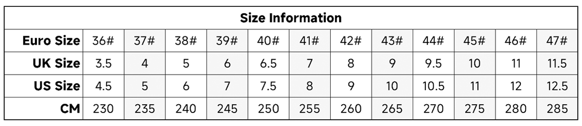 Safety Shoes Size Chart